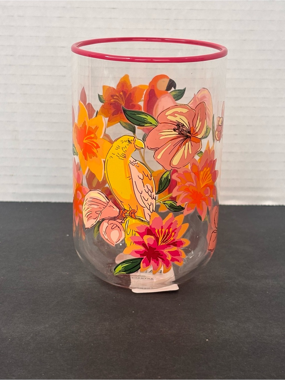 Anthropologie x FARM RIO Juice Glass Red Berry Rim Tropical Yellow Parrot NWT